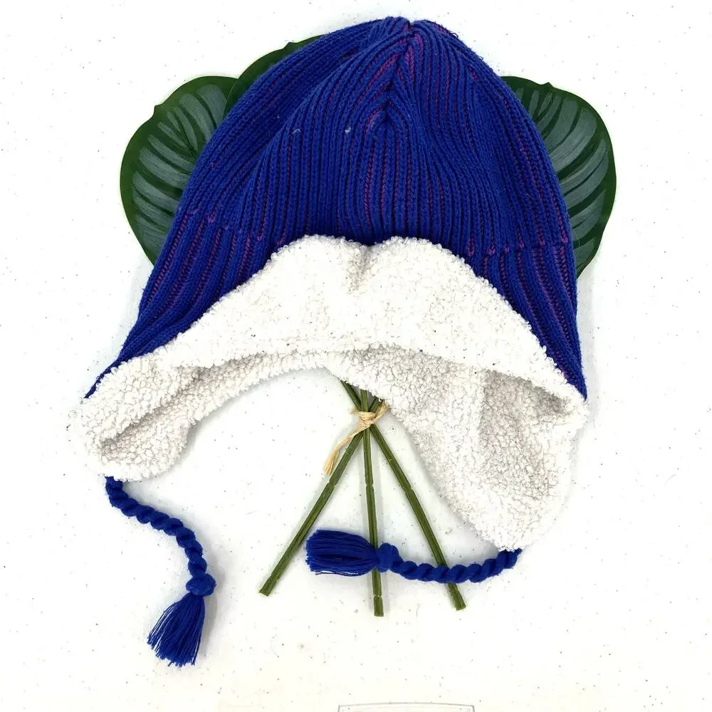 All In Motion Blue Purple Stripe Knit Faux Sherpa Trapper Ear Beanie Youth Hat